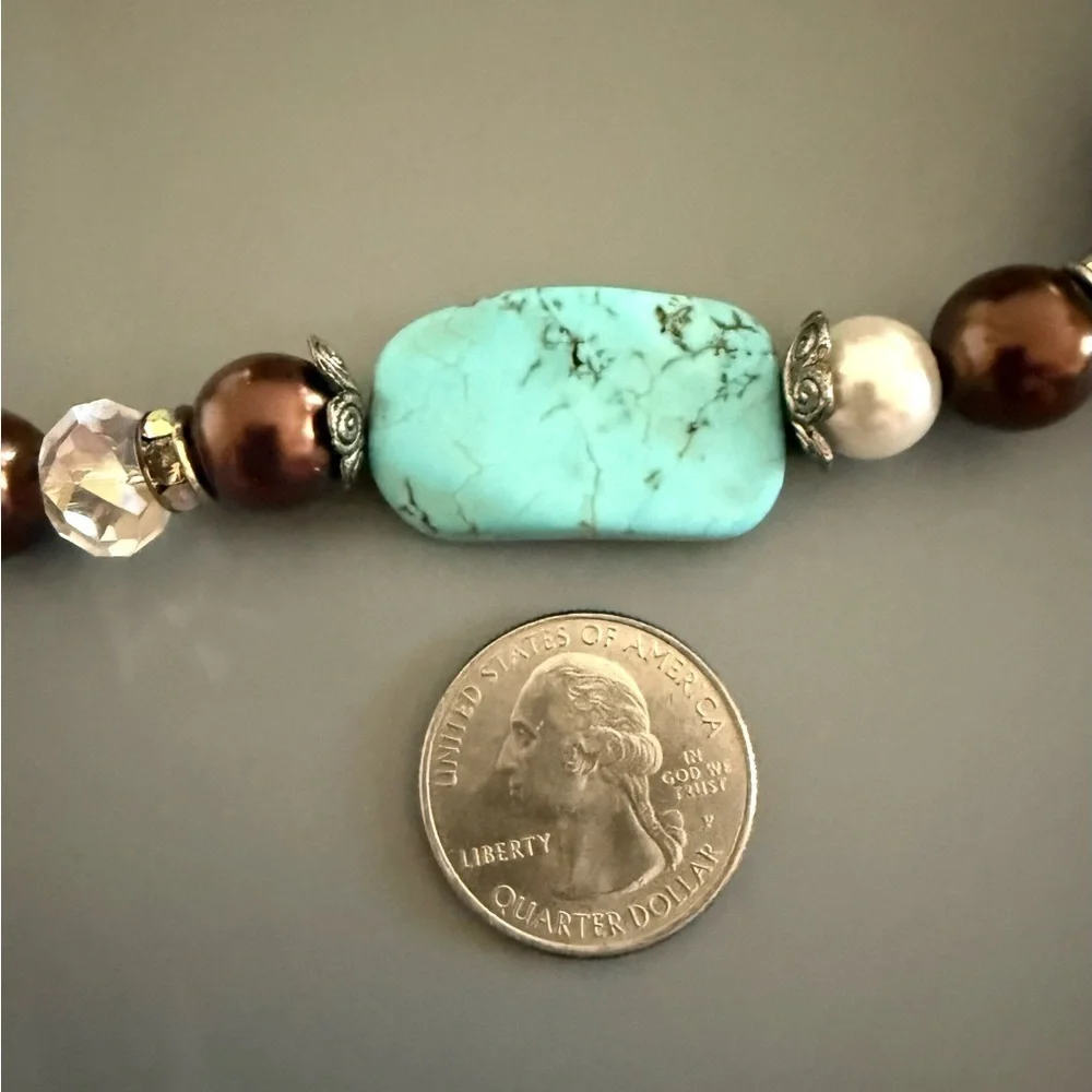 Turquoise and Brown Beaded Howlite Statement Faux Pearl Necklace
